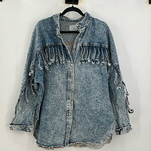 Simply Barbara of Colorado Acid Wash Fringe Denim Shacket Size M/L Vintage